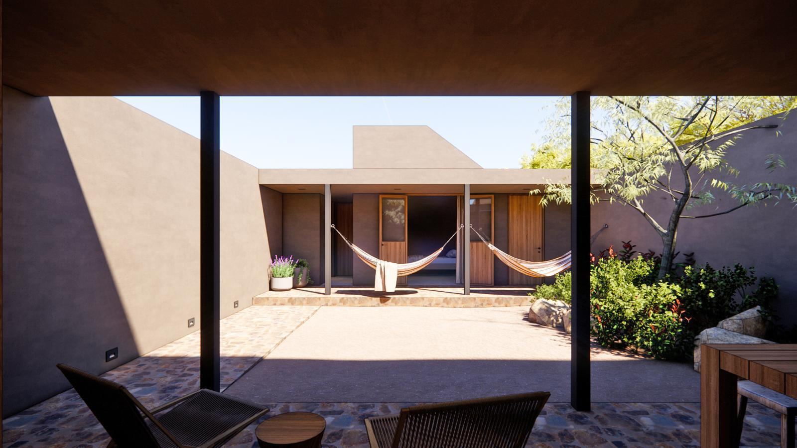 Render del patio de una cabaña con hamacas bajo un pórtico